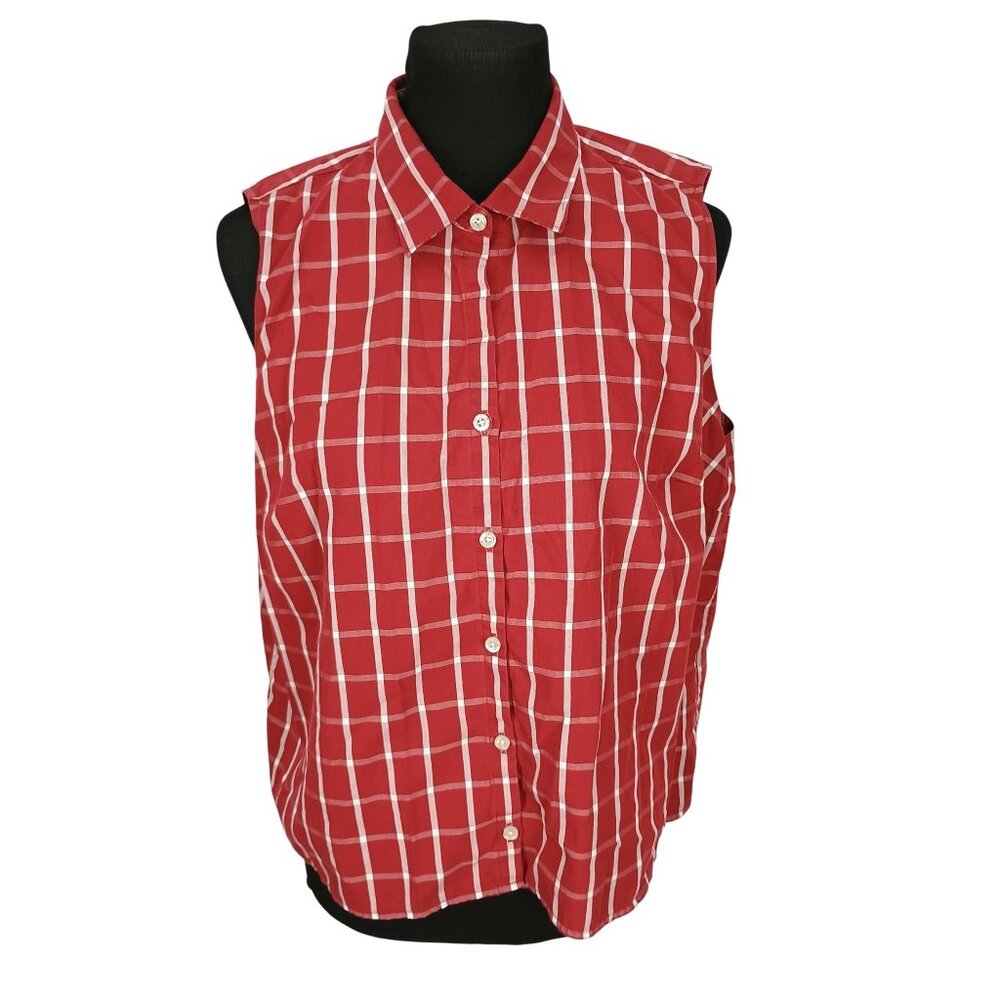 Lands End Womens Sleeveless‎ Red Plaid Button-Up Shirt Size 18 Cotton Blend